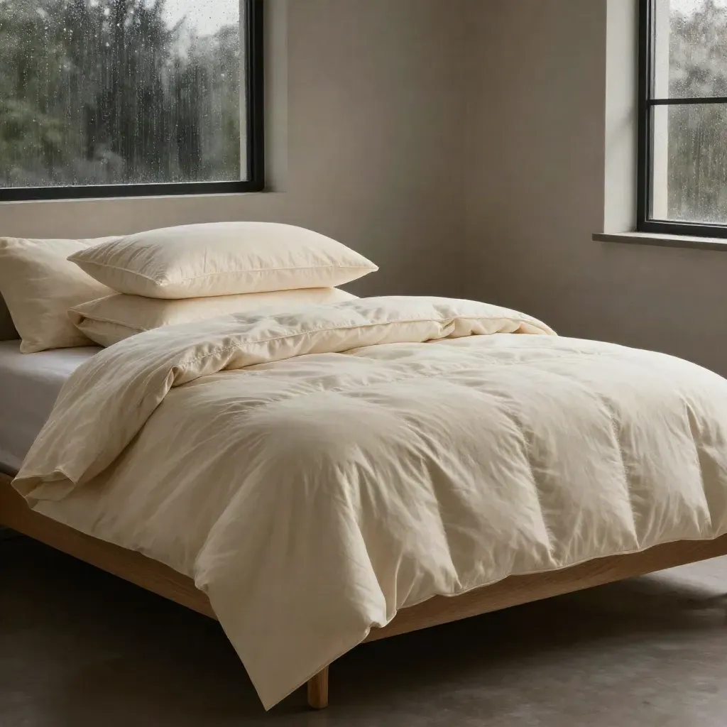 Cream percale duvet set with pillows, folded sheet and wool throw on an oak bed in dawn rain light.