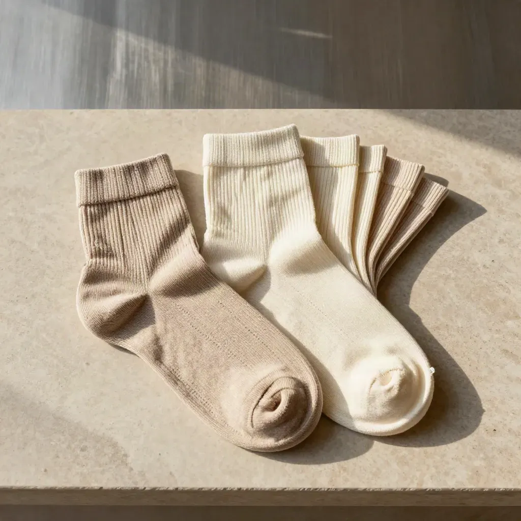 Overhead flatlay of oat and cream women’s ankle socks on pale stone with soft shadows.