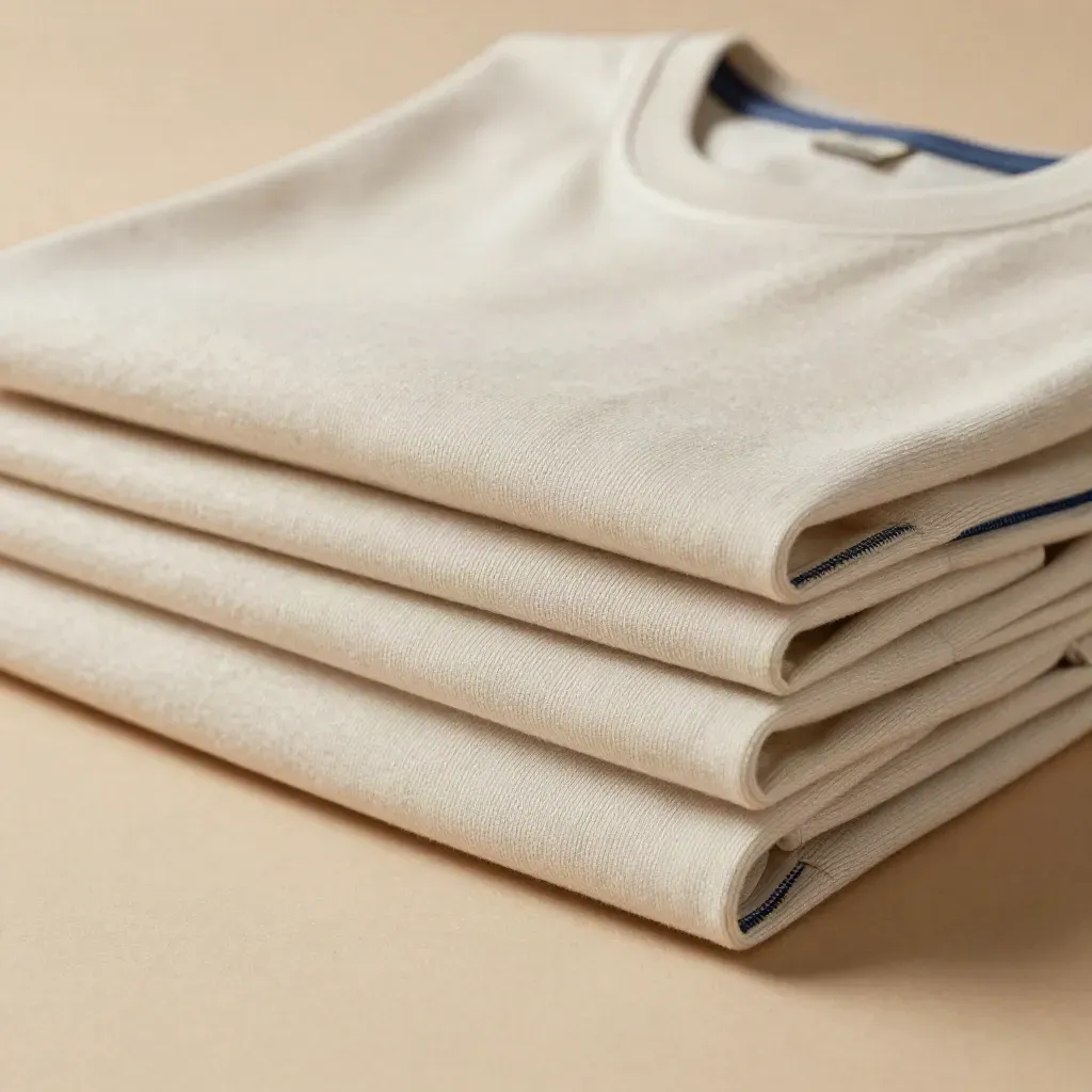 Three folded off-white cotton crew T-shirts stacked in a tight macro close-up