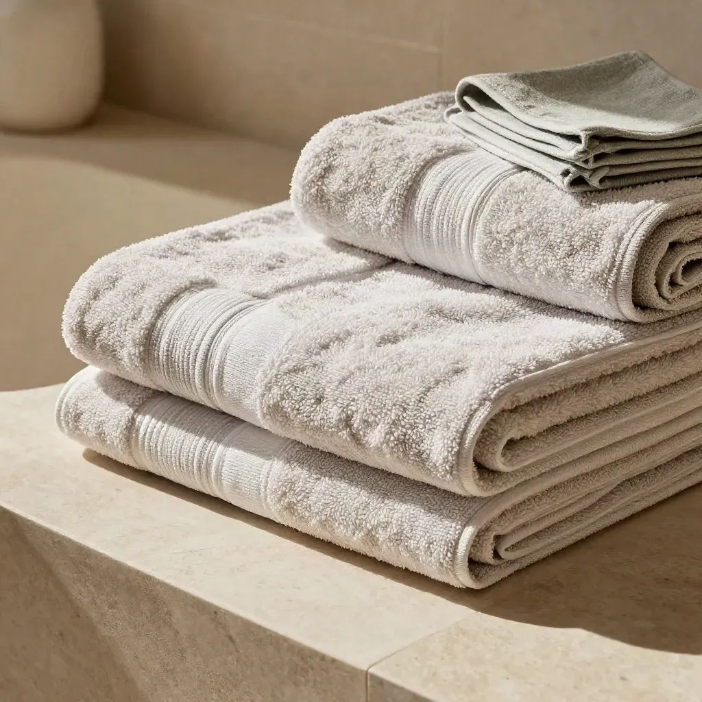 White Egyptian cotton towels stacked on pale stone with a rolled hand towel and sage accent.