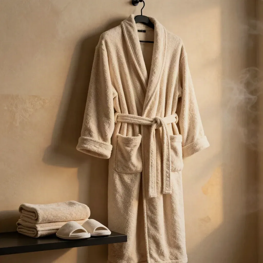 Oatmeal terry bath robe on a hook with slippers and folded towel against a sand wall.