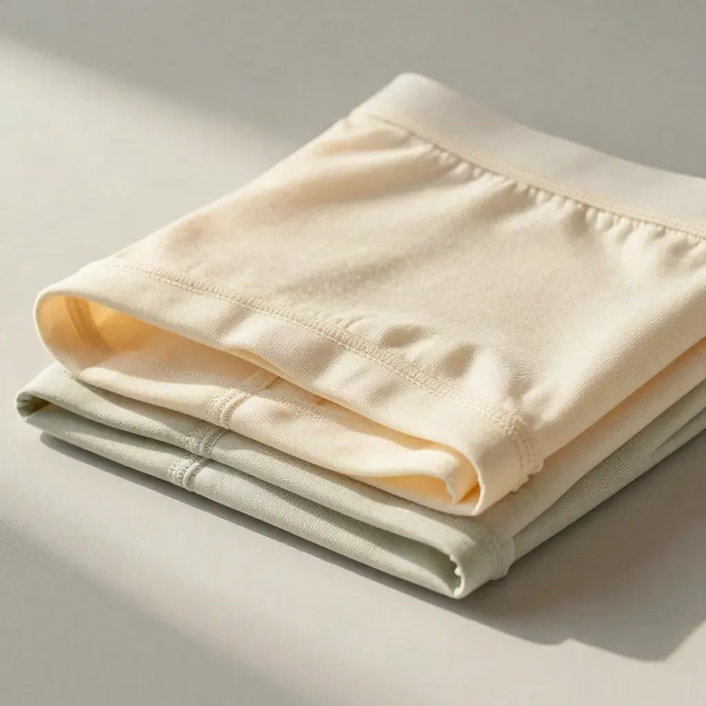 Three cream cotton underwear briefs in macro, folded tight with visible seams and soft sage accents