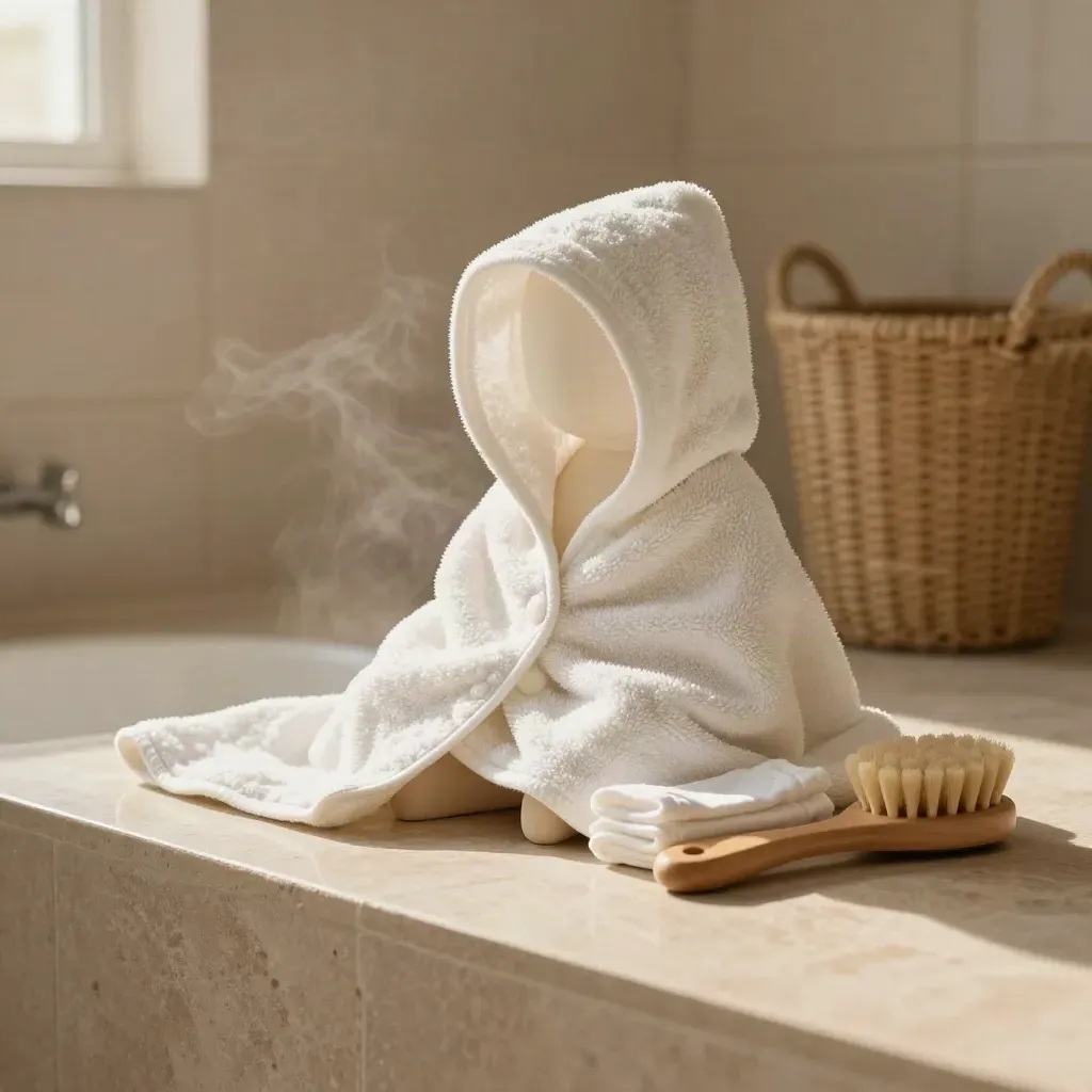 White hooded baby towel on a stone ledge with muslin and a wooden bath brush