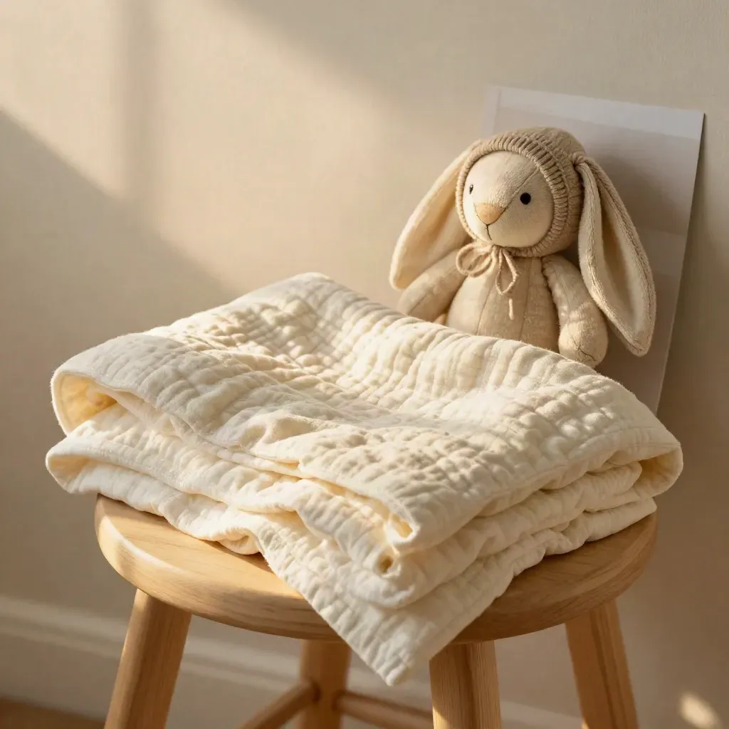 Cream muslin baby blanket with bunny toy and knitted bonnet on a stool in soft morning light