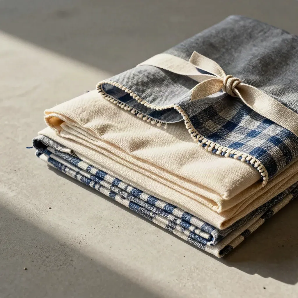 Overhead flatlay of a cotton sewing fabric bundle tied with ribbon on pale concrete, indigo accents