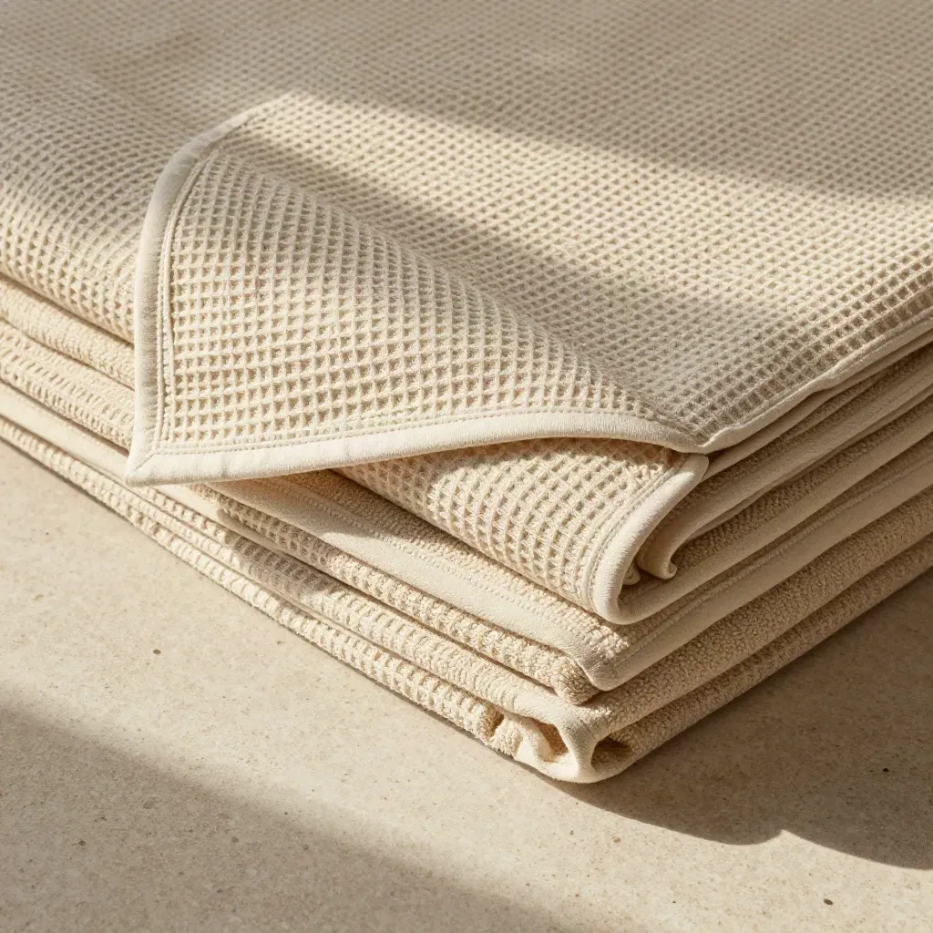 Overhead flatlay of a folded waffle cotton bath sheet on pale travertine, cream fabric lit softly.