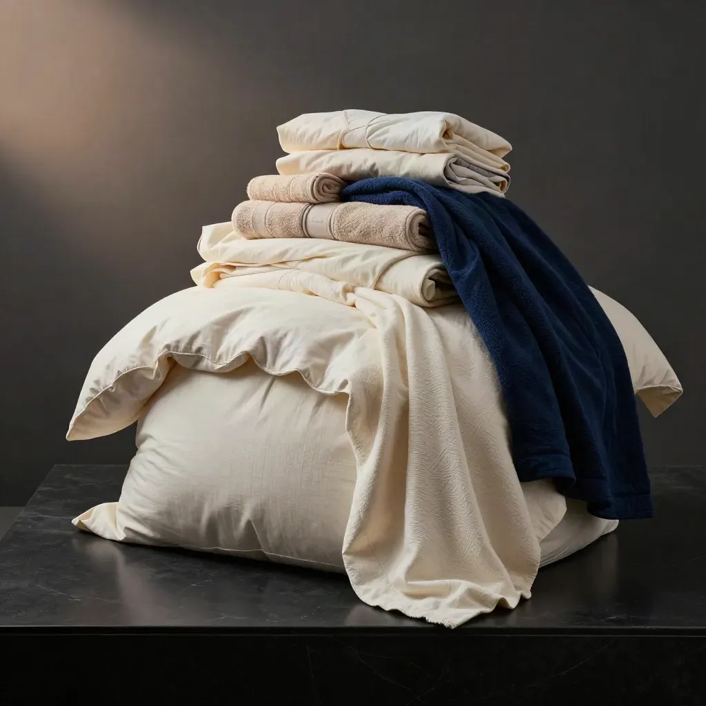 Layered cotton bedding, towels, robe, tees and baby blanket on a matte-black plinth.
