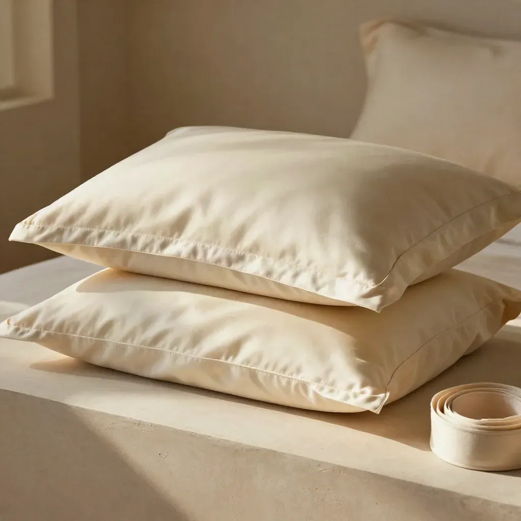 Cream sateen pillowcases stacked on a plaster set with soft oat linen and gentle light.