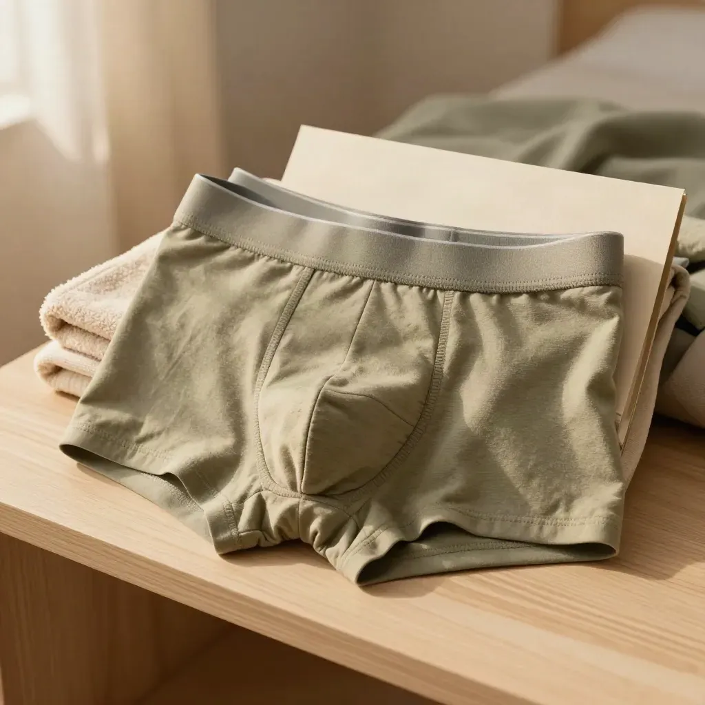 Three boxer briefs in a cotton pack with towel and shirt on a pale wood shelf, sage accents.