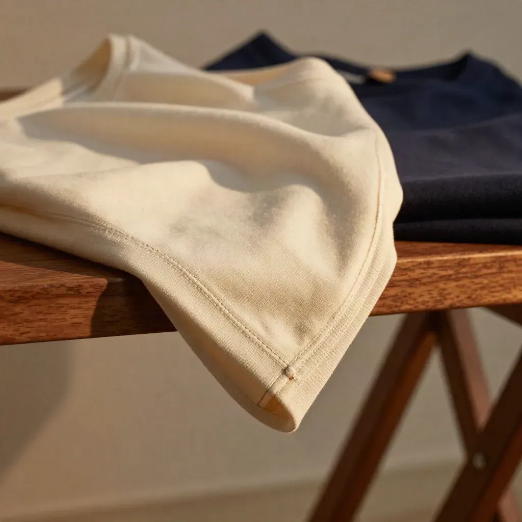 Macro of folded cotton tee sleeve showing knit, seam and cuff on a warm wooden shelf.