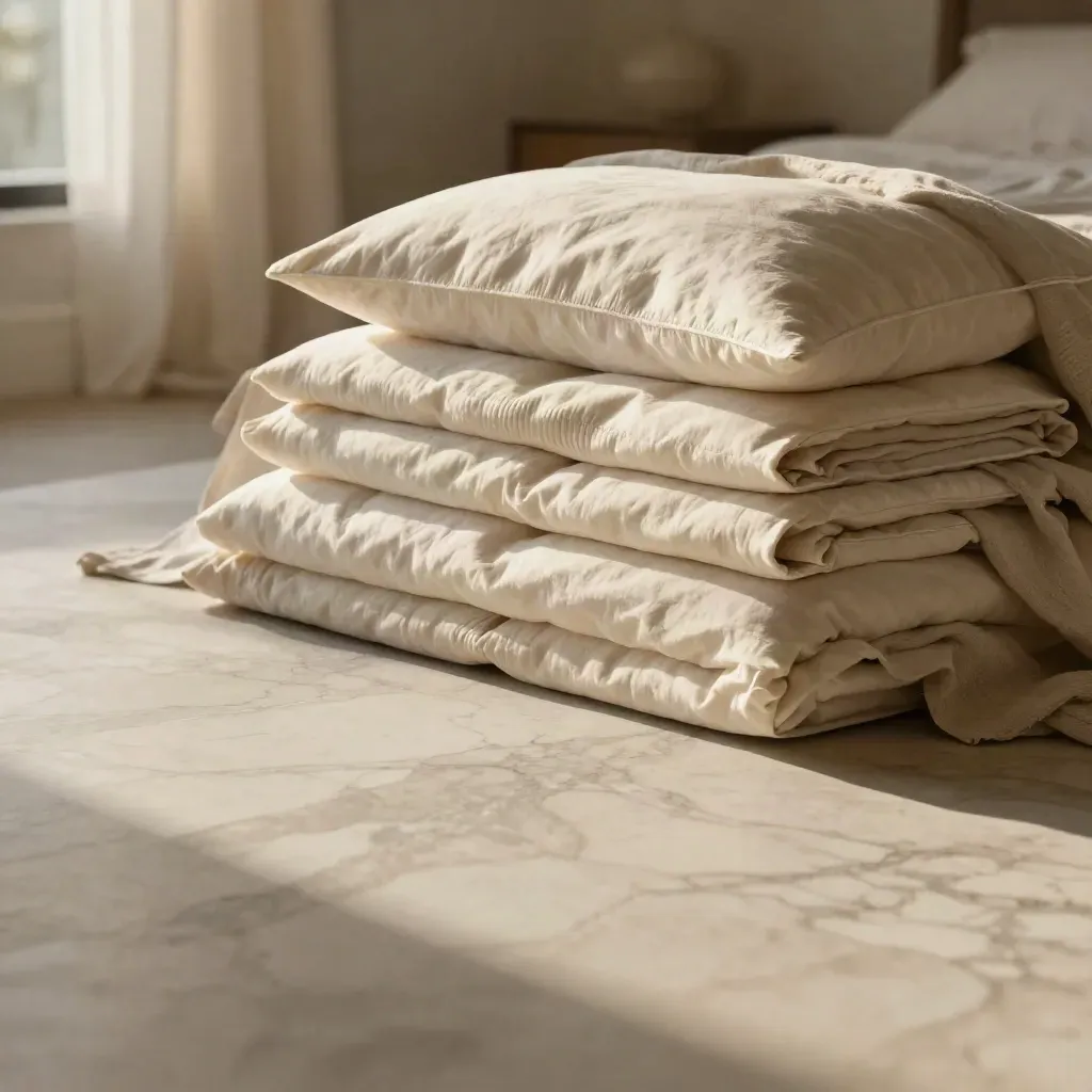 Folded cream bedding on a marble surface with soft linen and bedroom light