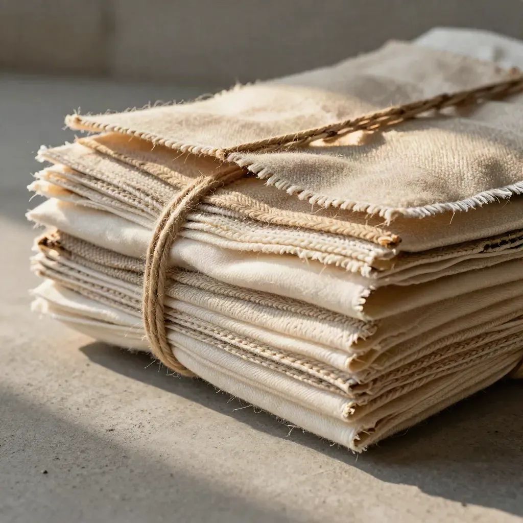 Macro of mixed cotton fabric cuts tied with twine, one patch flipped to show dense stitching.