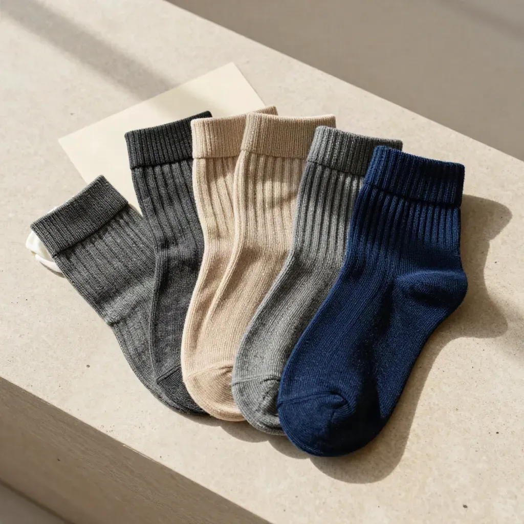 Five indigo and charcoal dress socks fanned on pale stone with a cream card behind.