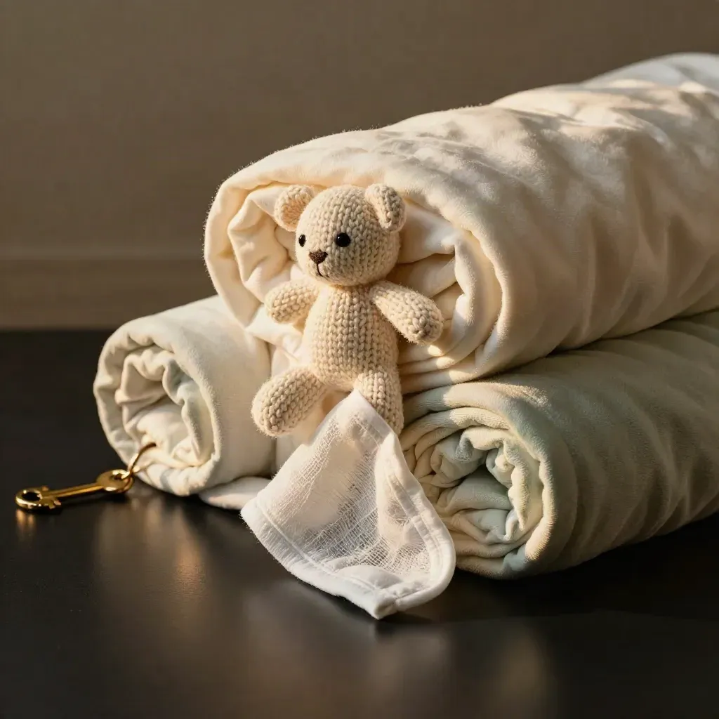 Two cream and sage baby swaddle blankets crossed with a tiny knitted toy on matte black.