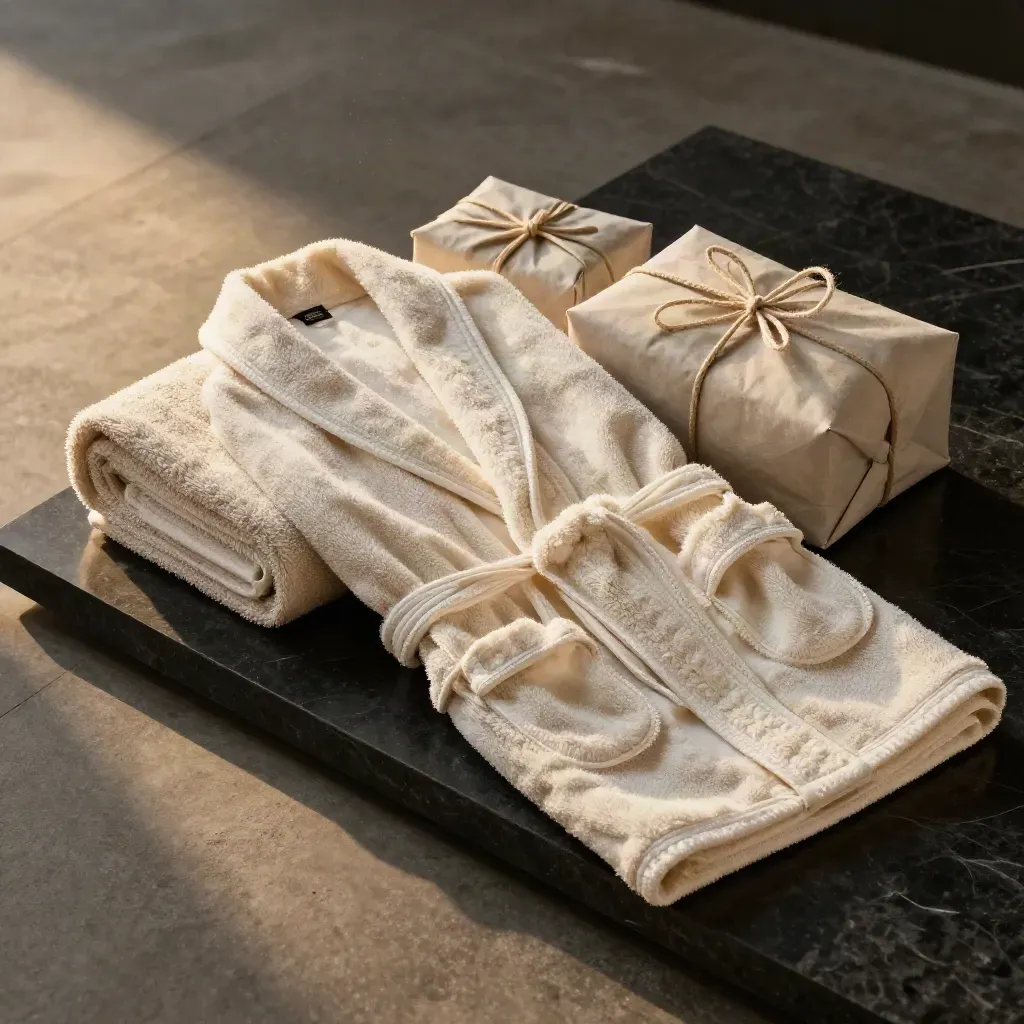 Cream towel and robe gift set on dark stone with warm gold rim light