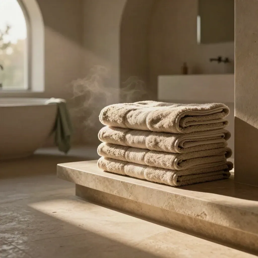 Spa bathroom niche with folded towels on stone shelf and a blurred basin in soft sunrise mist.
