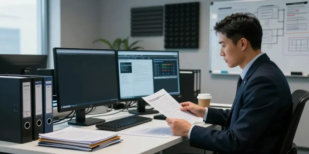 goodtam investigation agency detective examining case files in a modern office